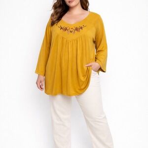 Easy Essentials Women's OXL Yellow Floral Embroidered 3/4 Sleeve Blouse